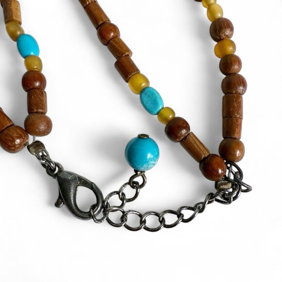 Vintage Dyed Howlite & Wood Bead Necklace Boho Layered Style Round Pendant - Picture 5 of 8